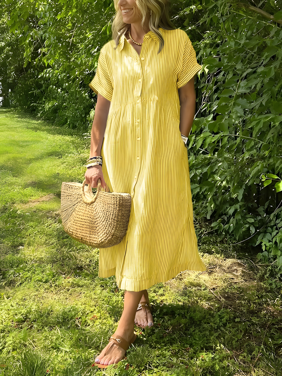 Lare - Vestido largo de rayas con bolsillos y cuello en V