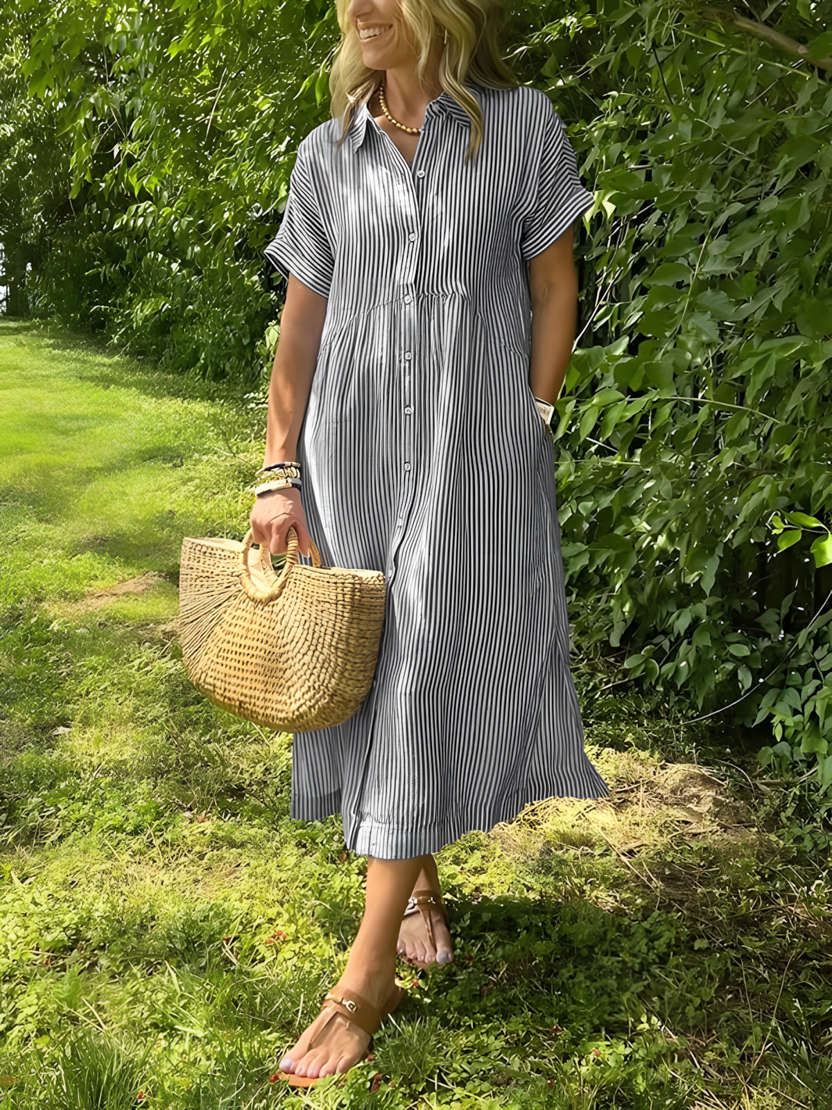 Lare - Vestido largo de rayas con bolsillos y cuello en V