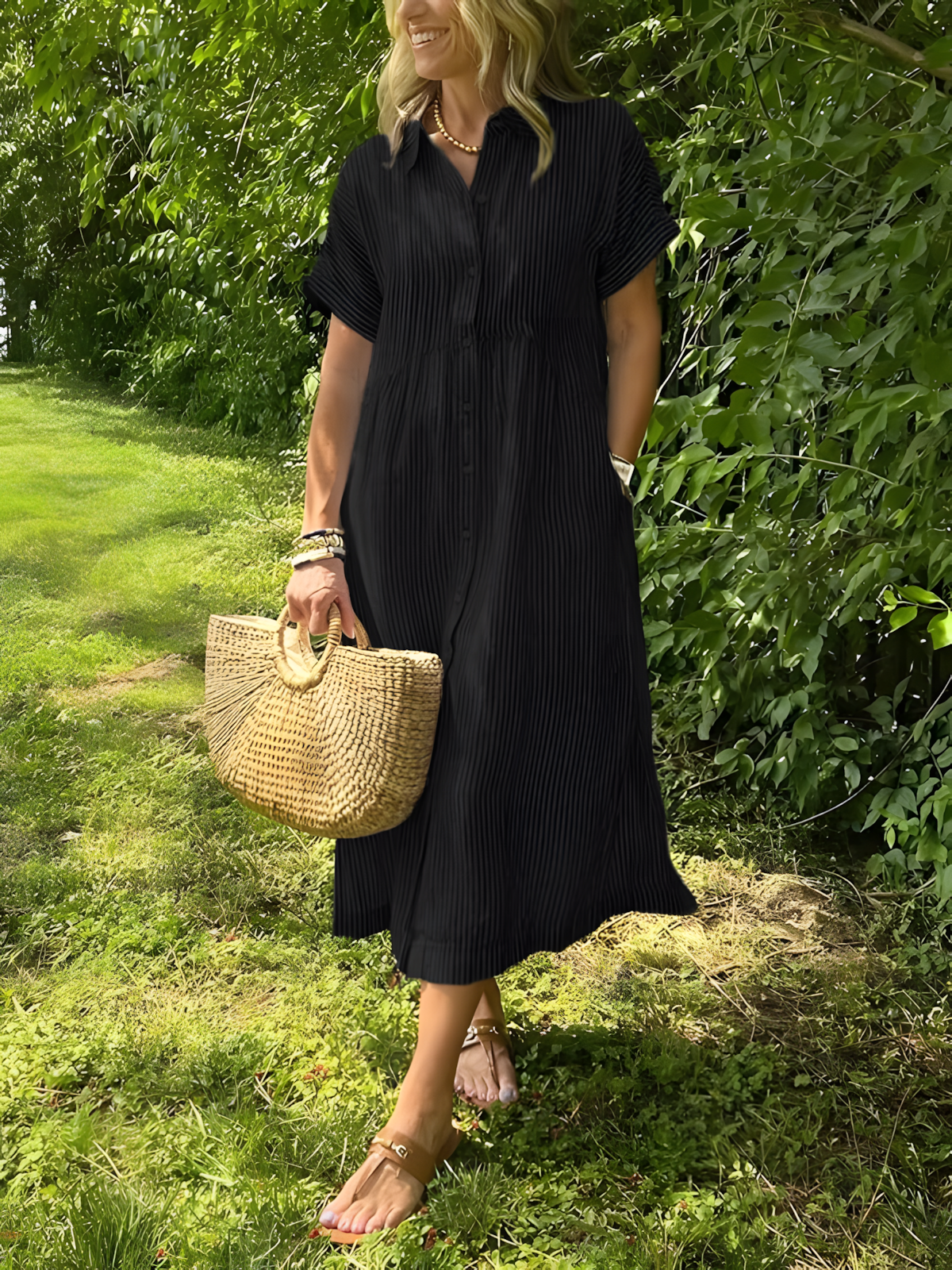 Lare - Vestido largo de rayas con bolsillos y cuello en V